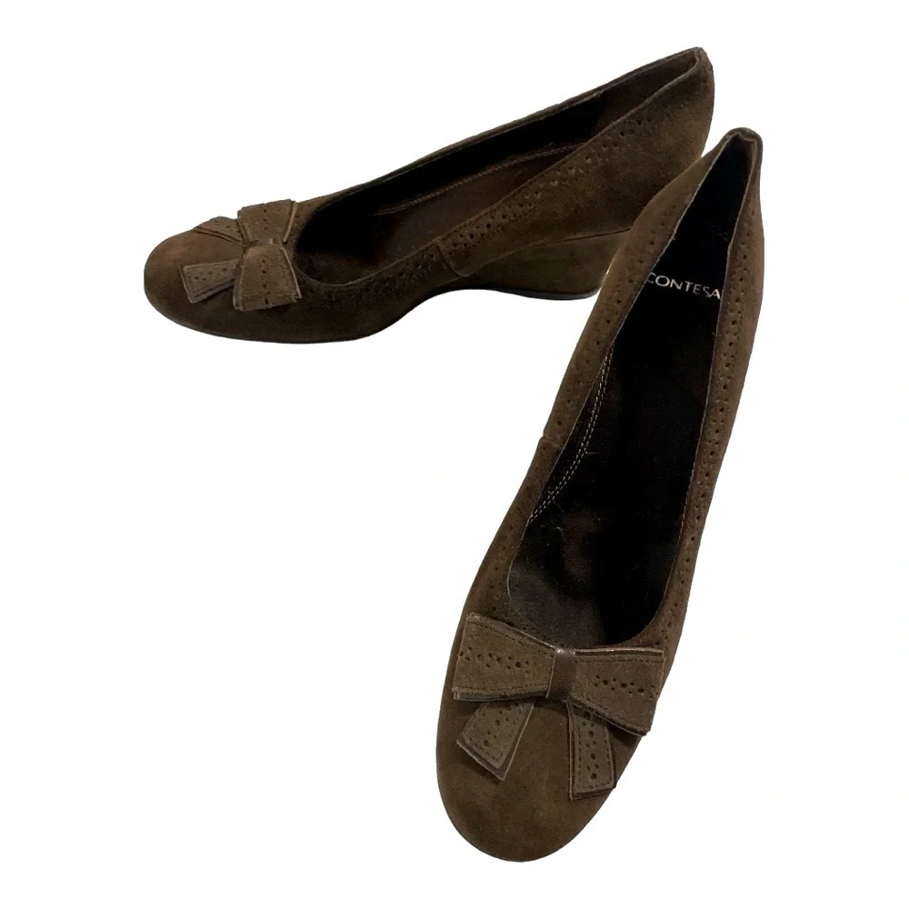 Contesa Brown Suede Bow Wedge Pumps Size 8 Comfort Heels